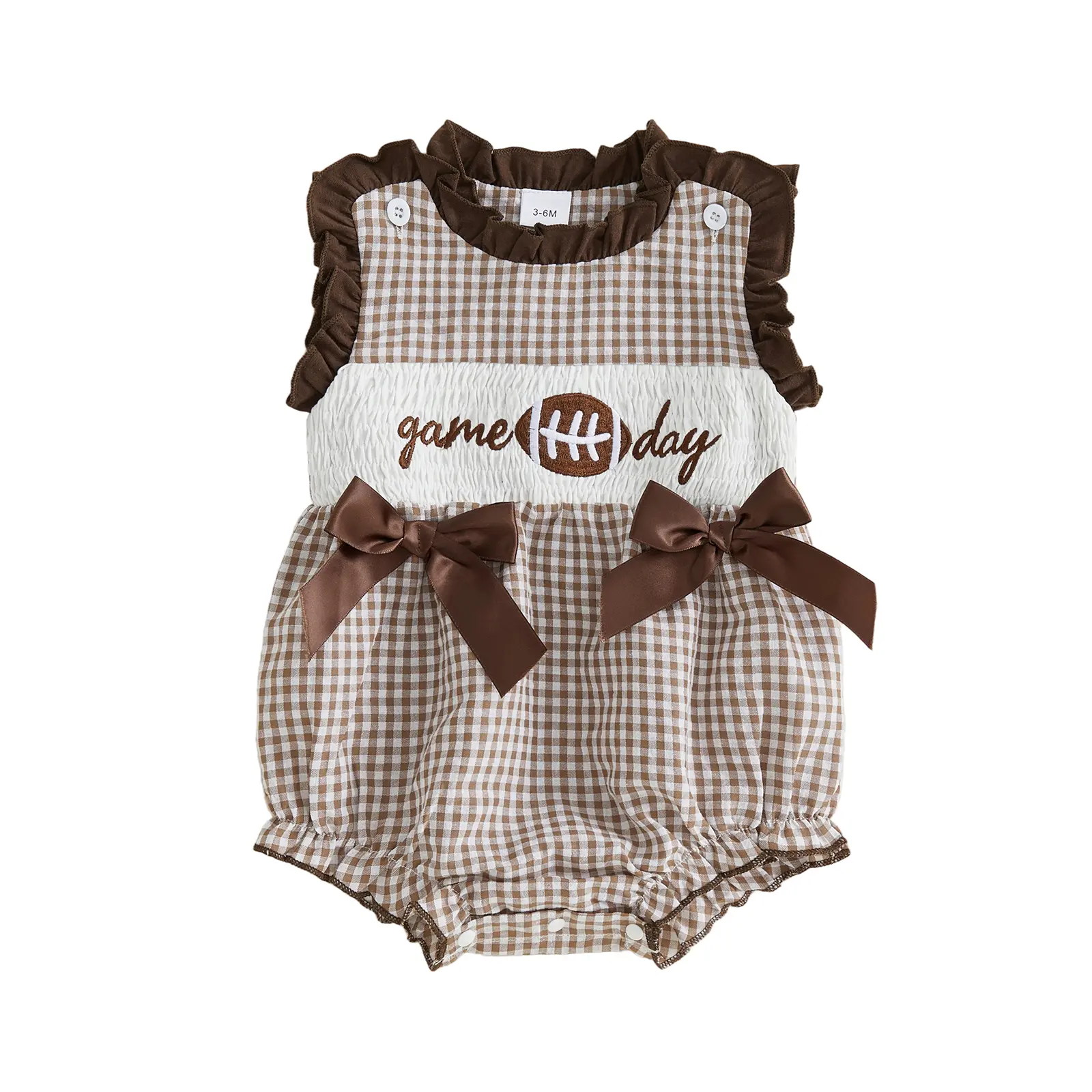 Infant Baby Girl Football Romper with Bows Plaid Embroidered Sleeveless Bodysuit 0-18 Months
