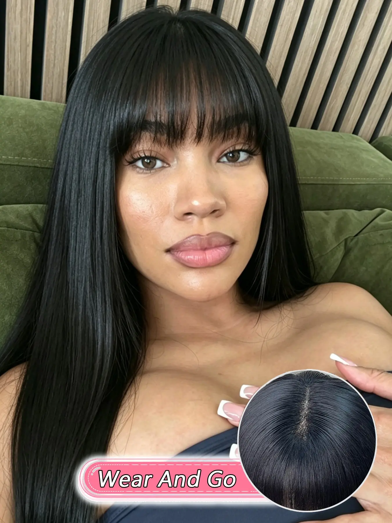 Black Human Hair 5x5 Glueless Lace Closure Bang Wig, Long Straight Hair With Curtain Bangs, Natural Face Framing Style, No Tangle Soft Hair, Beginner Friendly Wigs For Women