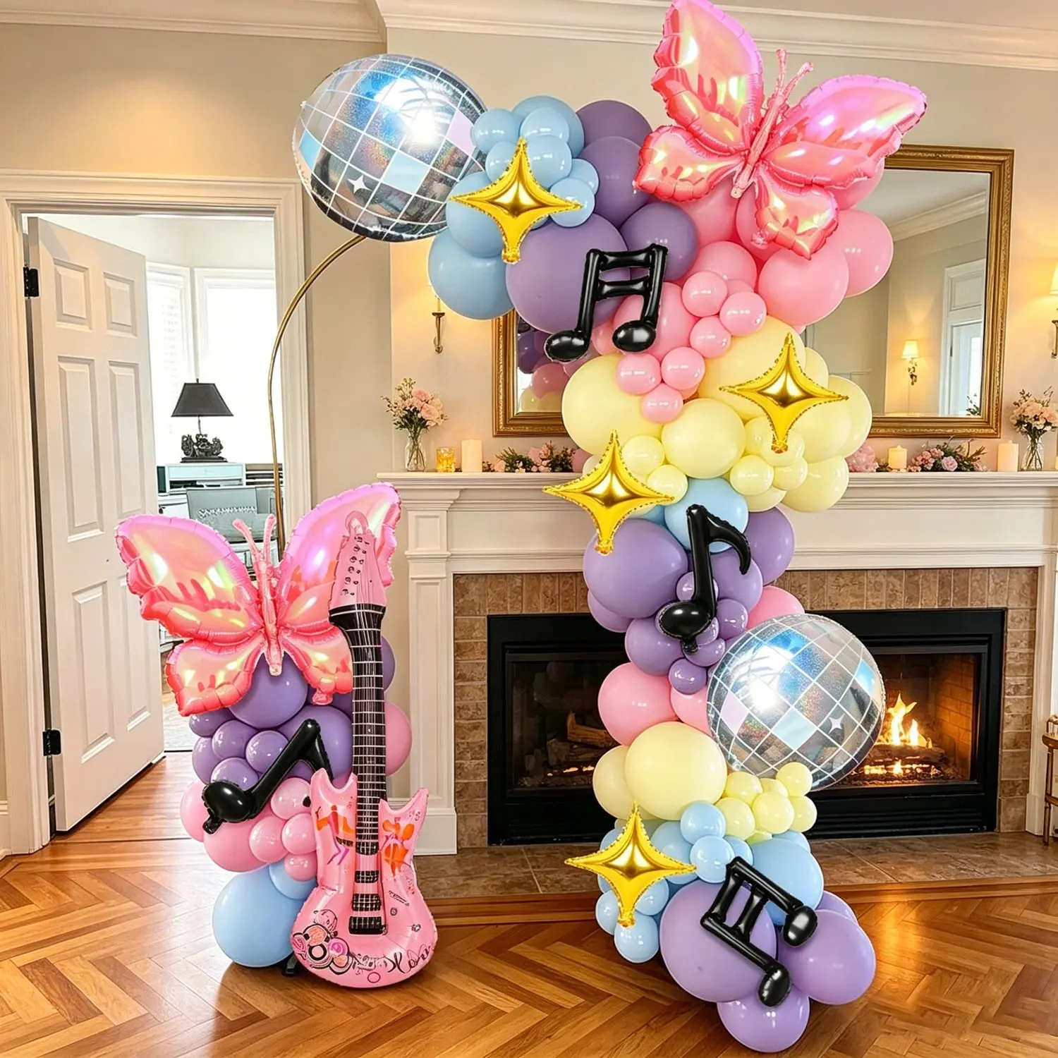 133 Piece Macaron Disco Balloon Set, Guitar, Laser Butterfly, Disco Ball, Star, Note, Suitable for music-themed birthday parties, Disco Retro Party, Music Classroom Activity Setup, Girl Group Style Indoor Party Decoration, Balloon Decorations Kit