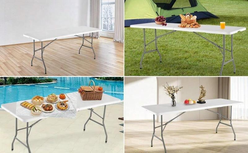 4FT/6FT Plastic Folding Table, Fold-in-Half table with handle, Adjustable Height Outdoor Camping Table for Party, Kitchen and Beach, White - Straight Legs
