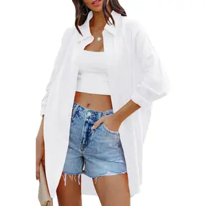 Tankaneo Womens Oversized Button Down Shirts Casual Loose Long Sleeve Solid Lapel Long Blouses Tops with Pockets