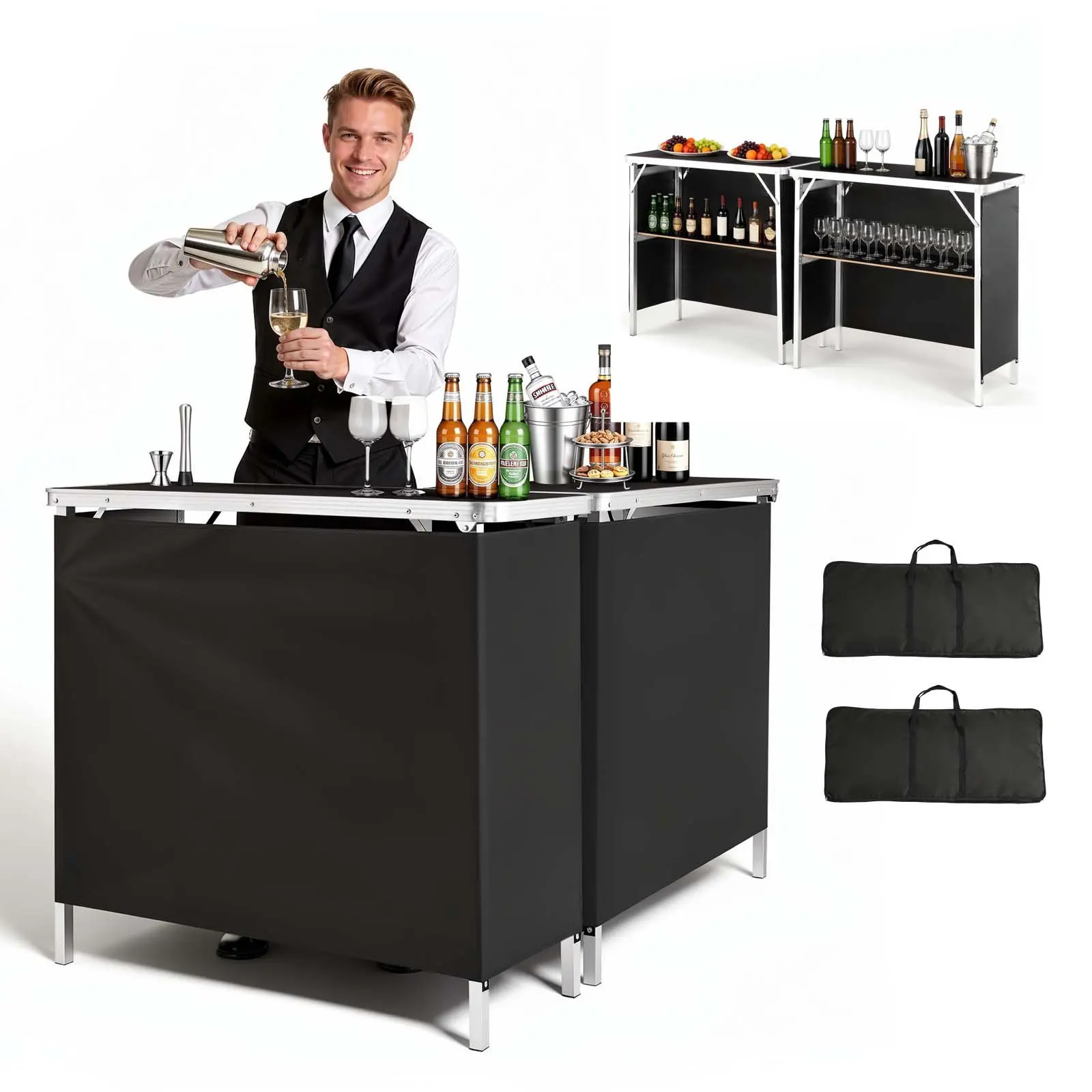 VEVOR 2-Pack Foldable Portable Aluminium Bar Table (38.6 x 15.2 x 34.3 in, 22 Lbs/10 Kg) - Carry Bag, Storage Shelf, Detachable 3-Sided Fabric Skirt, Stable Support, Quick Setup for Party, Trade Show Setups
