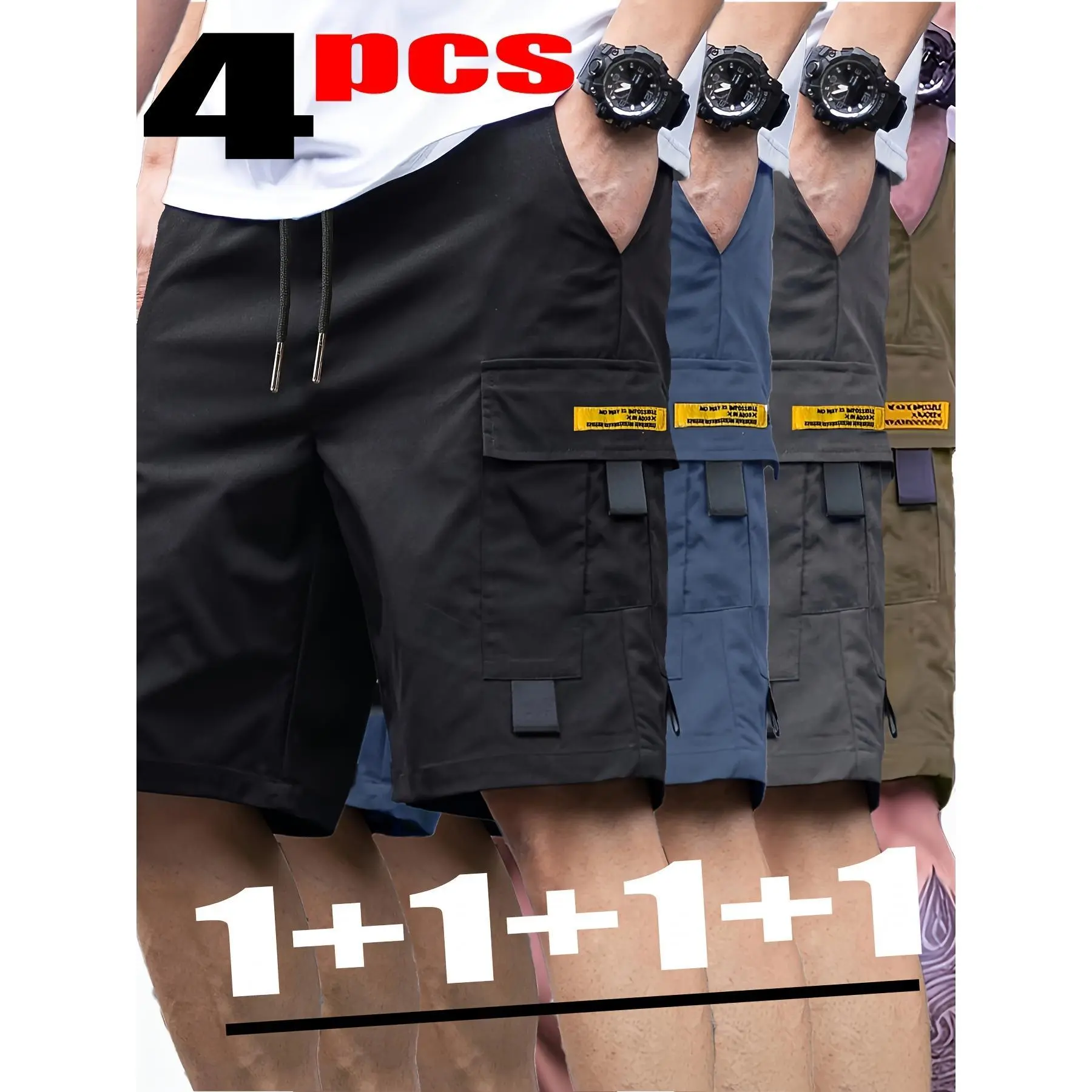 Men's casual breathable shorts, 4-piece workwear shorts set with multiple pockets, regular style casual summer outdoor hiking construction work pants, men's shorts