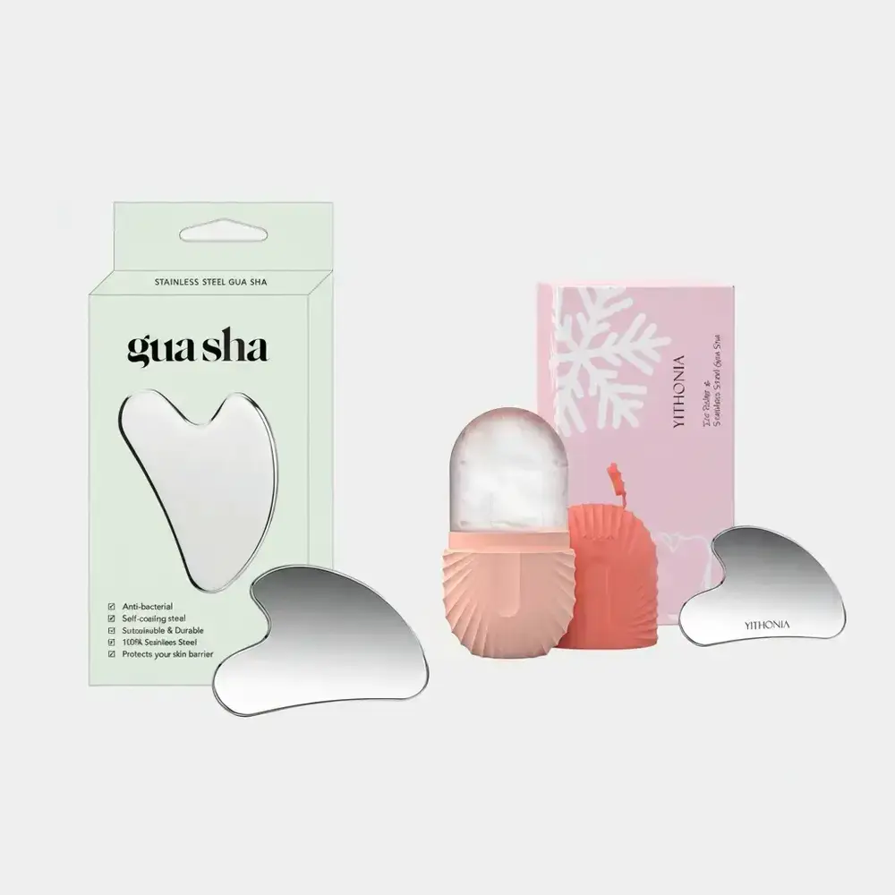 Stainless Steel Gua Sha & Ice Roller Bundle, Light Green and Pink One-Size Facial Slimming Tools with Gift Box, Firming, Soothing, Wrinkle Treatment