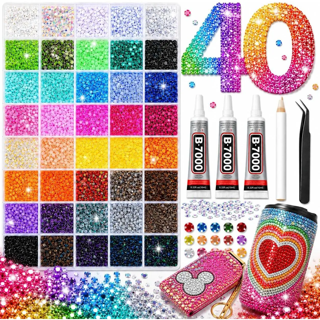 40000Pcs 40 Colors Jelly Resin Kit, Bedazzling Kit, Bedazzler Kit with Rhinestones, 3mm Flatback Gems with B7000 Glue & Tools for Crafts, Nails, Shoes