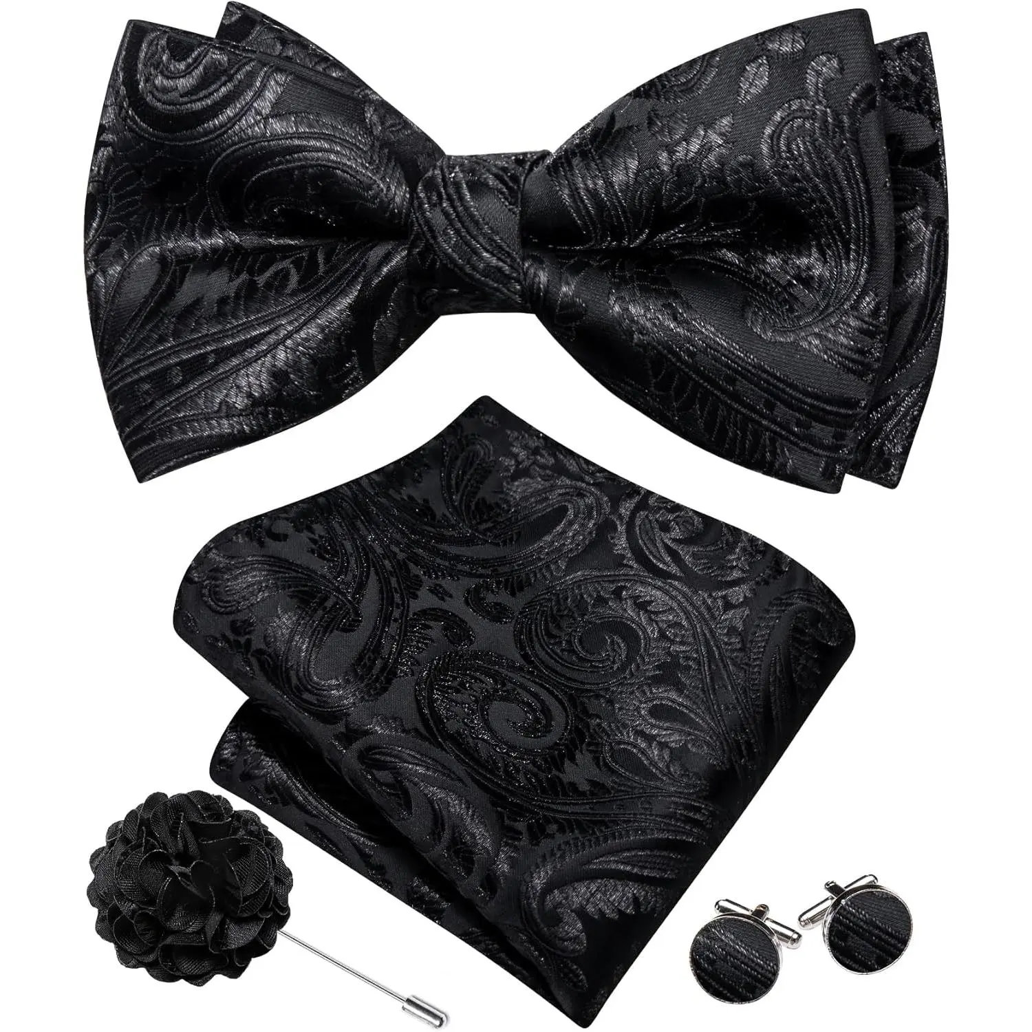 Pre-tied Bow Ties for Men Adjustable Solid Color Tuxedo Bowtie Set with Hanky Cufflinks Brooch Wedding Party
