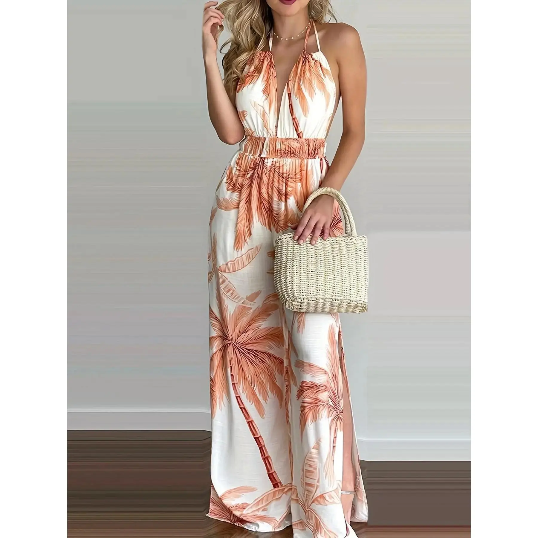 Women's Palm Tree Print Ruched Backless Split Hem Tie Back Cami Jumpsuit, Boho Sleeveless Wide Leg Halter Jumpsuit for Beach Holiday Vacation, Ladies Summer Clothes, Casual Jumpsuits, Lightweight Jumpsuit