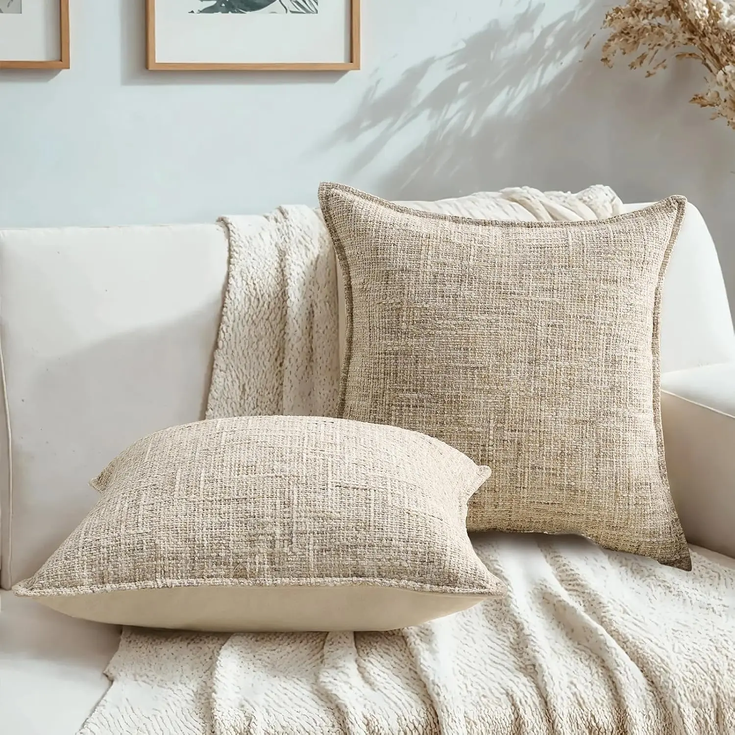 2 Pack Pillow Covers 22x22 Inch, Reversible Decorative Throw Pillows Farmhouse Boho Neutral Cushion Covers Home Decor Soft Pillowcase for Couch Living Room Sofa Bed, Beige(Covers Only)