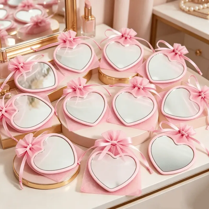 30Pcs Heart Pocket Mirror Gift Set, 15 Mini Pink Heart Hand Mirrors with 15 Organza Drawstring Bags, Small Portable Makeup Mirror for Wedding Favors, Bridesmaid Gifts, Birthday Party Souvenirs, Cute Cosmetic Mirror for Women Girls Daily Touch-Up