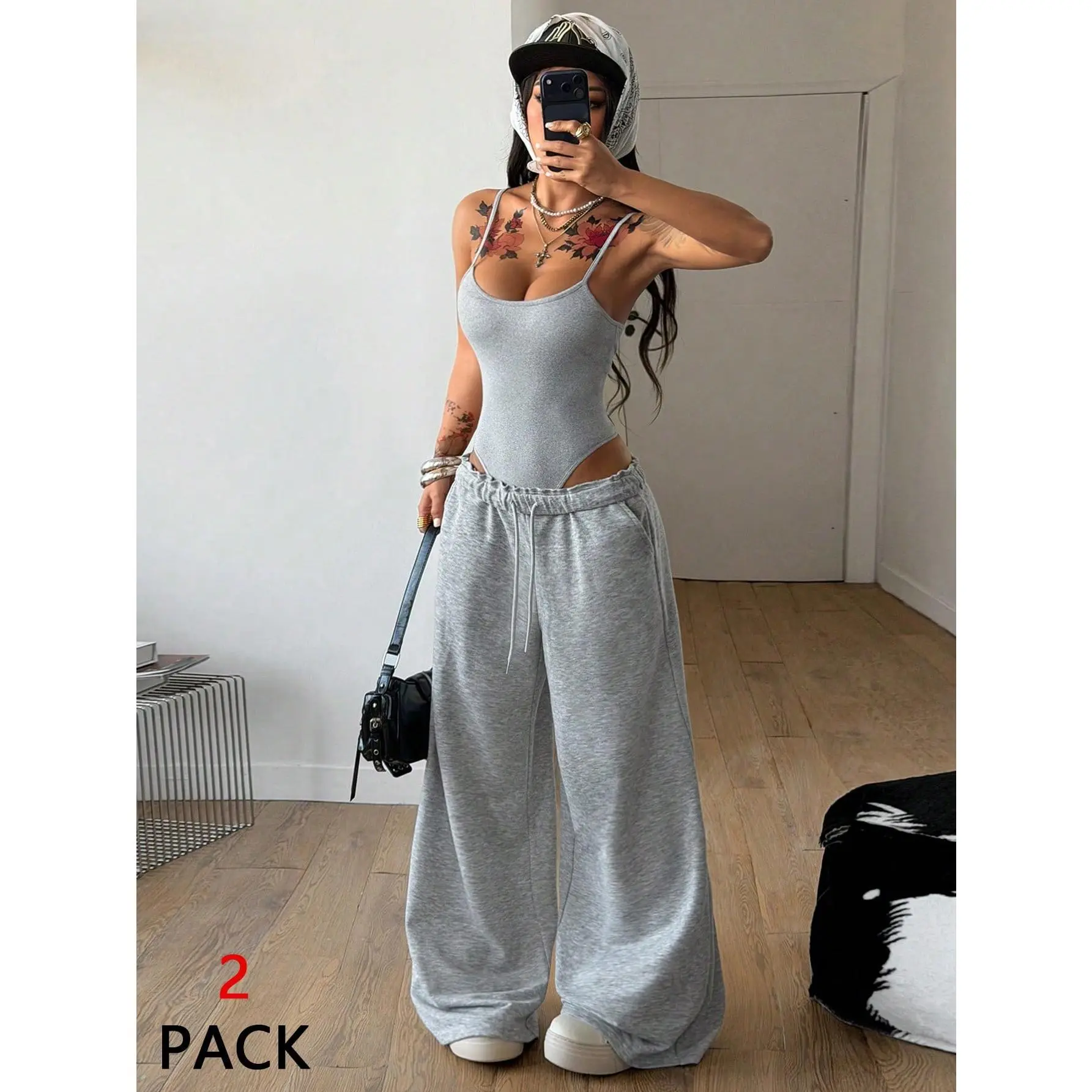 Women's Summer Y2K Streetwear Casual Daily Wear Sport Workout Sets Stretchy Backless Sleeveless Bodysuit And Turn-Down Trousers Wide Leg Sweatpants 2pcs,Summer Outfits For Women