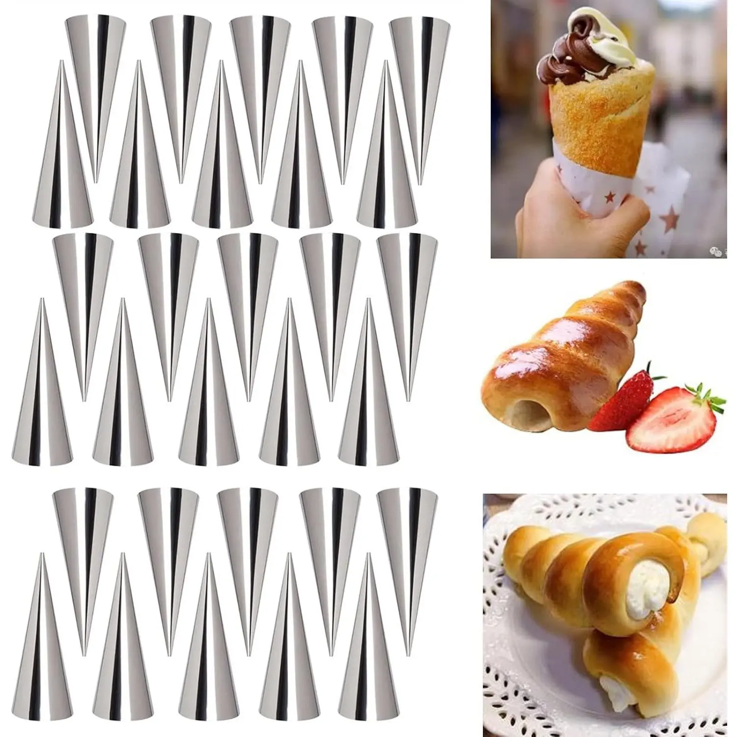30 Pack Non-stick Large Cream Horn Molds - 5" Stainless Steel for DIY Cooking Danish Pastry, Lady Lock Form, Croissant Roller, Ice Cream Egg Roll