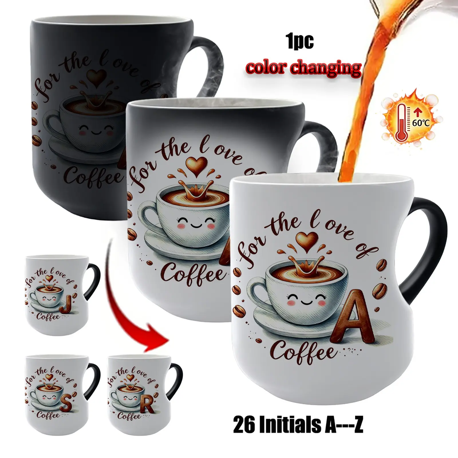 Initial A-Z Color Changing Mug, For The Love Of Coffee Heat Sensitive Magic Cup, Custom Letter Monogram Coffee Mug, Unique Morning Coffee Cup Gift For Men Women