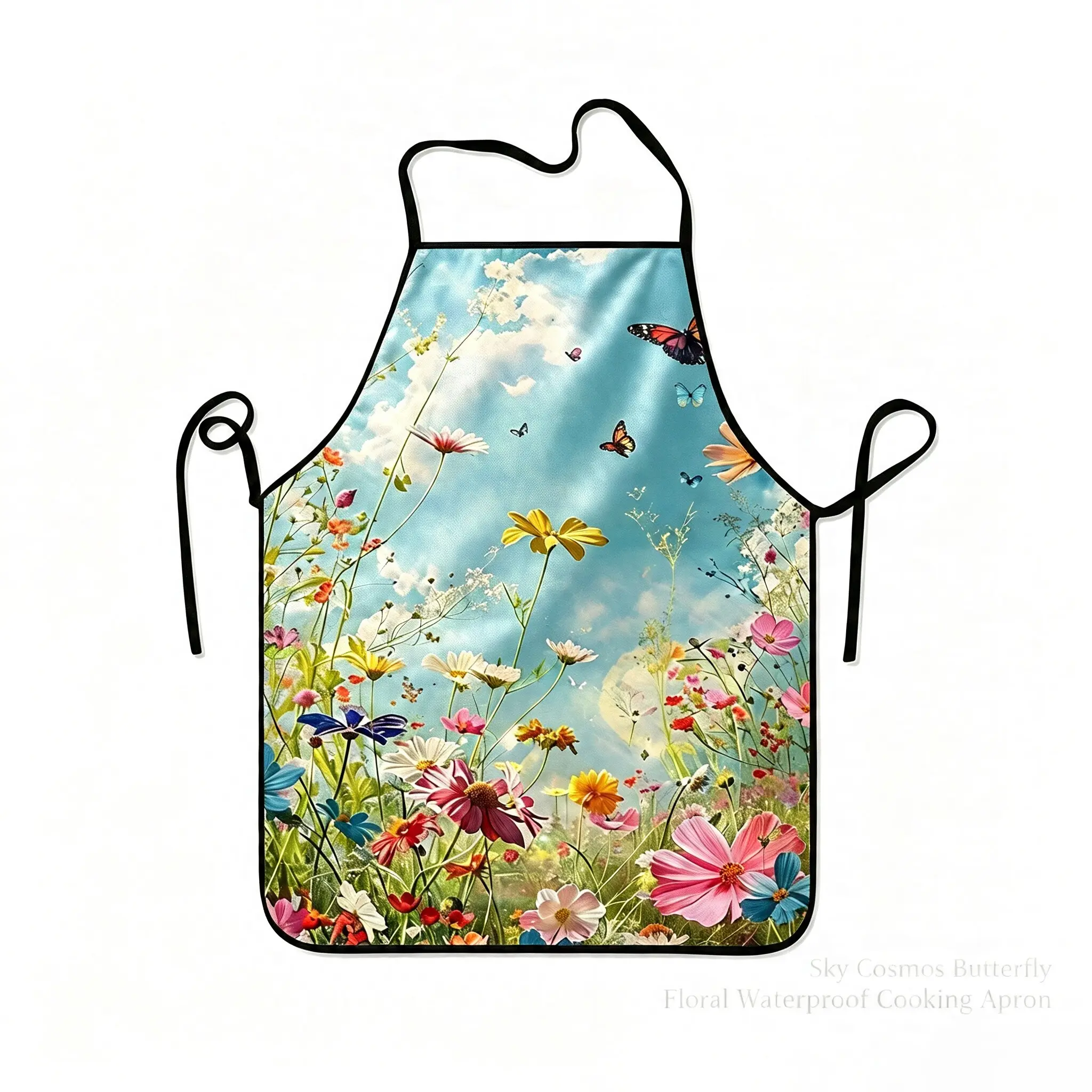 Floral Butterfly Kitchen Apron, Bright Sky Cloud Print, Adjustable Side Straps, Polyester, Spring Gift, Women's Baking, Gardening, BBQ