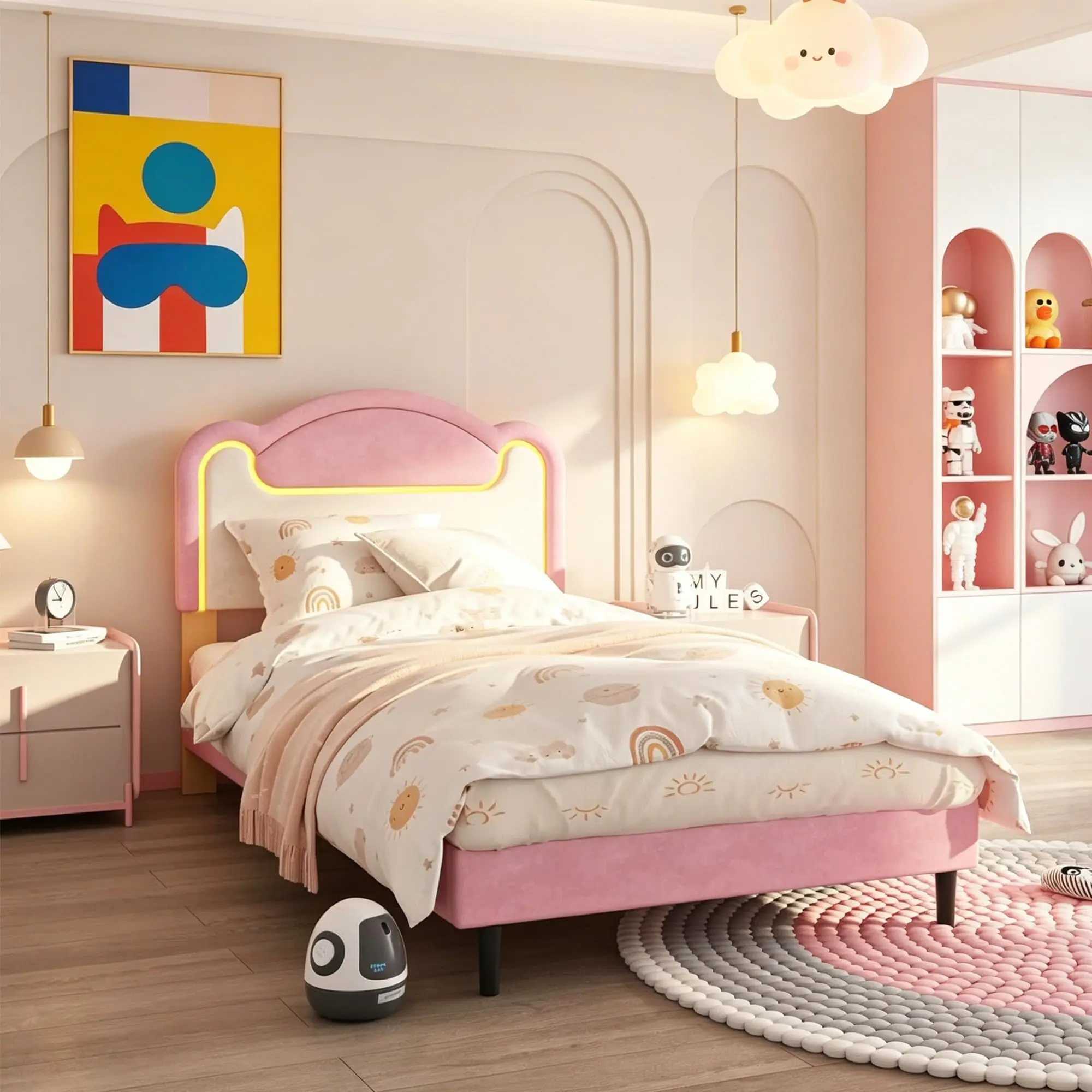 Kids Upholstered Platform Bed Frame with Curved LED Headboard, Without Underbed Storage Drawer Options, Noise-Free Wood Slat Support No Box Spring Required, Girls Bedroom Bed