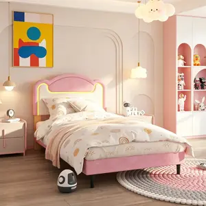 Kids Upholstered Platform Bed Frame with Curved LED Headboard, Without Underbed Storage Drawer Options, Noise-Free Wood Slat Support No Box Spring Required, Girls Bedroom Bed