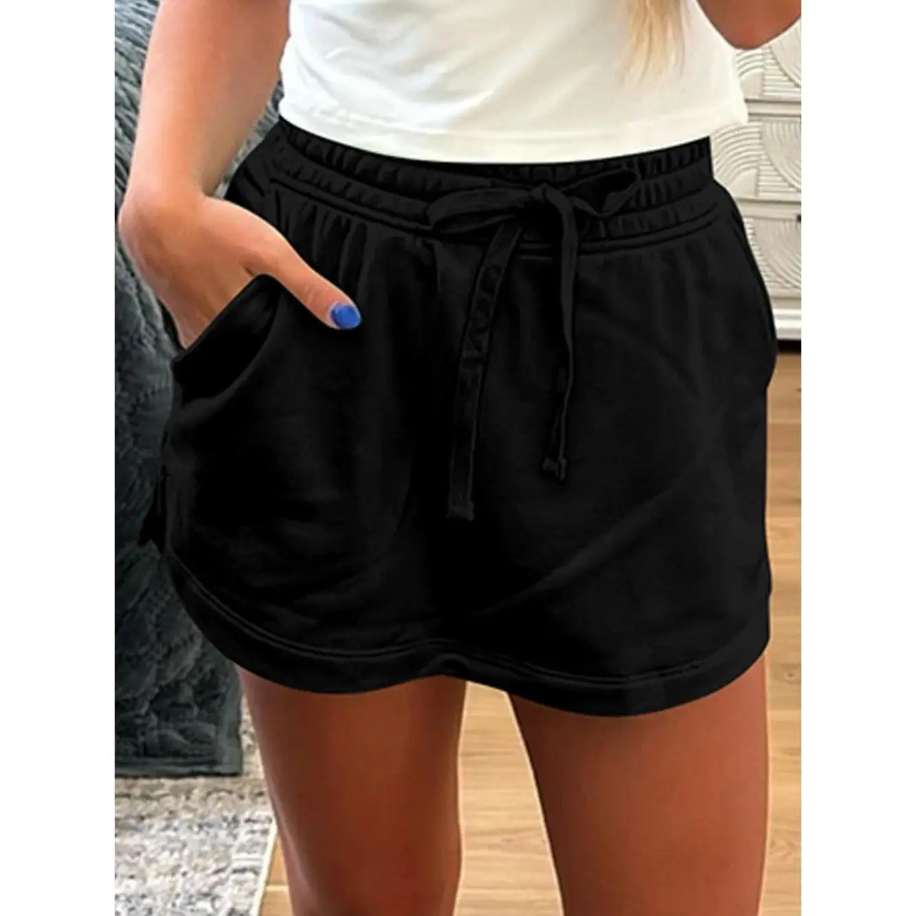 French Terry Drawstring Elastic Waistband Mini Skort with Pockets, Flattering Silhouette That Combines The Best Of Skirts and Shorts.