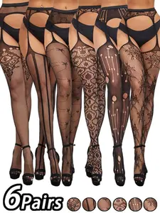 6 Pcs Women's Thigh-Highs with Garter, Sexy Exotic Lingerie, Ultra-Elastic Open Crotch Mesh, Anti-Slip Transparent Floral Pattern, Perfect for Romantic Nights