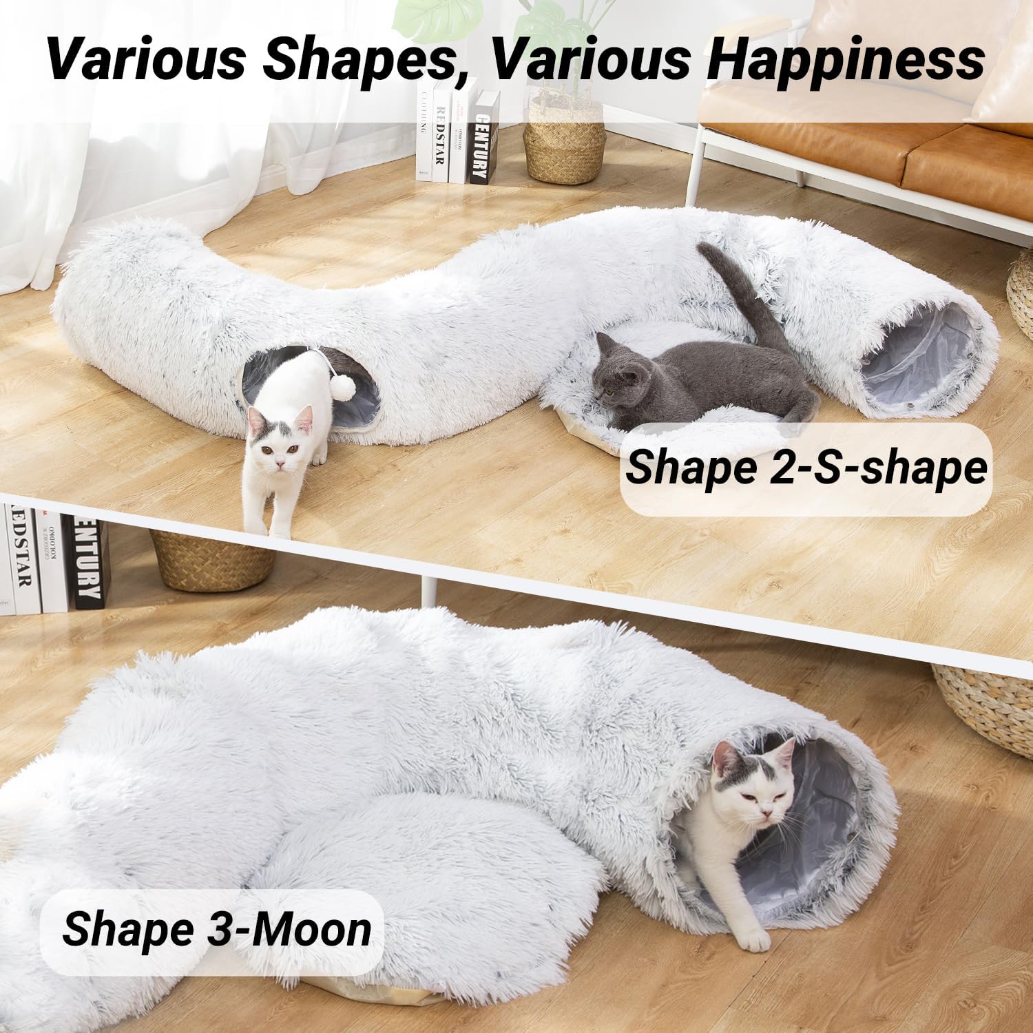 Warm Fluffy Plush   Tunnel Bed with Washable Cushion-Big Tube Playground Toys 3 FT Diameter Longer Crinkle Collapsible 3 Way, for Indoor  Kitty Kitten Puppy  Ferret White