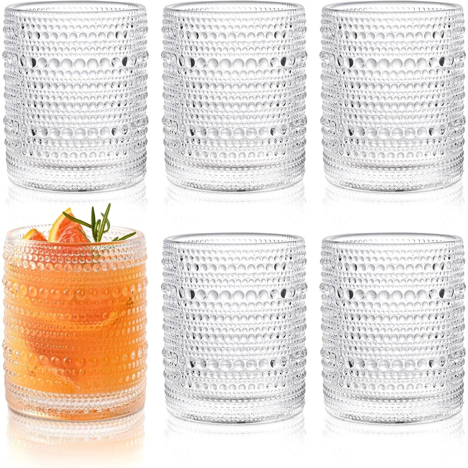 KMIGRUAN Hobnail Drinking Glasses Set of 6,12oz Vintage Glassware Embossed Vintage Water Cups Cocktail Glasses Juice Glasses