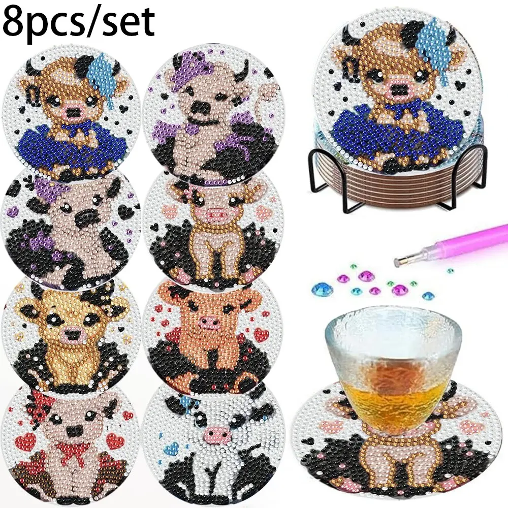 Adorable Baby High Mountain Cow Diamond Painting Set, DIY Five-Dimensional Butterfly Heart Cow Art Cup Mat with Stand, Handmade Gift for Animal Lovers