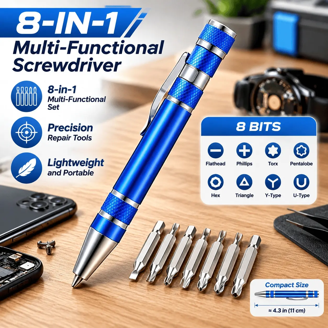 1 Piece Aluminum Alloy Precision Screwdriver Set, 8-in-1 multi-functional Screwdriver, for Precise Disassembly and Assembly, Suitable for Home Maintenance