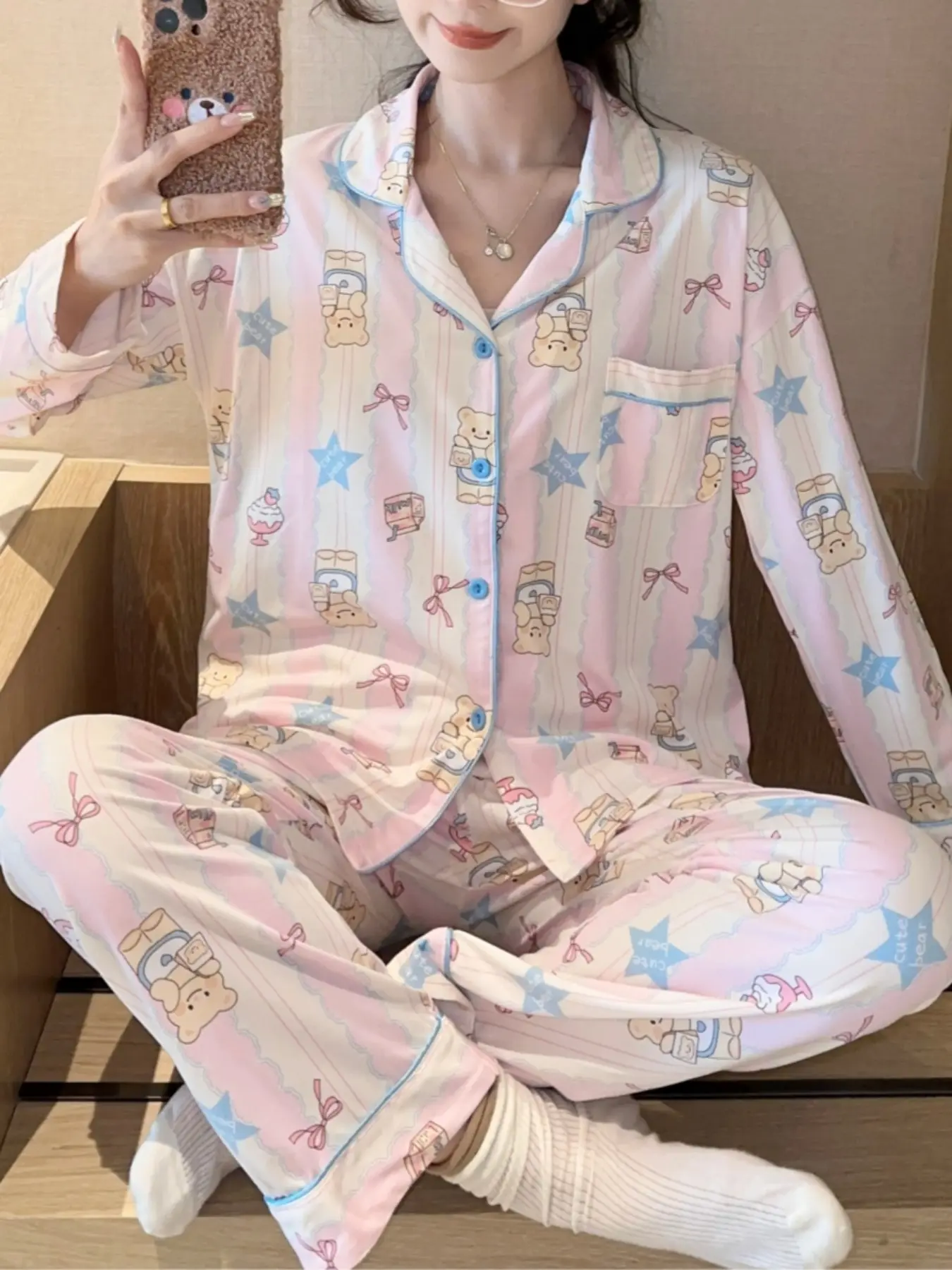 Women's New Home Wear Set, Cute Bear Print, Fun Collar Cardigan with Pockets, Long Sleeve and Pants, All Seasons