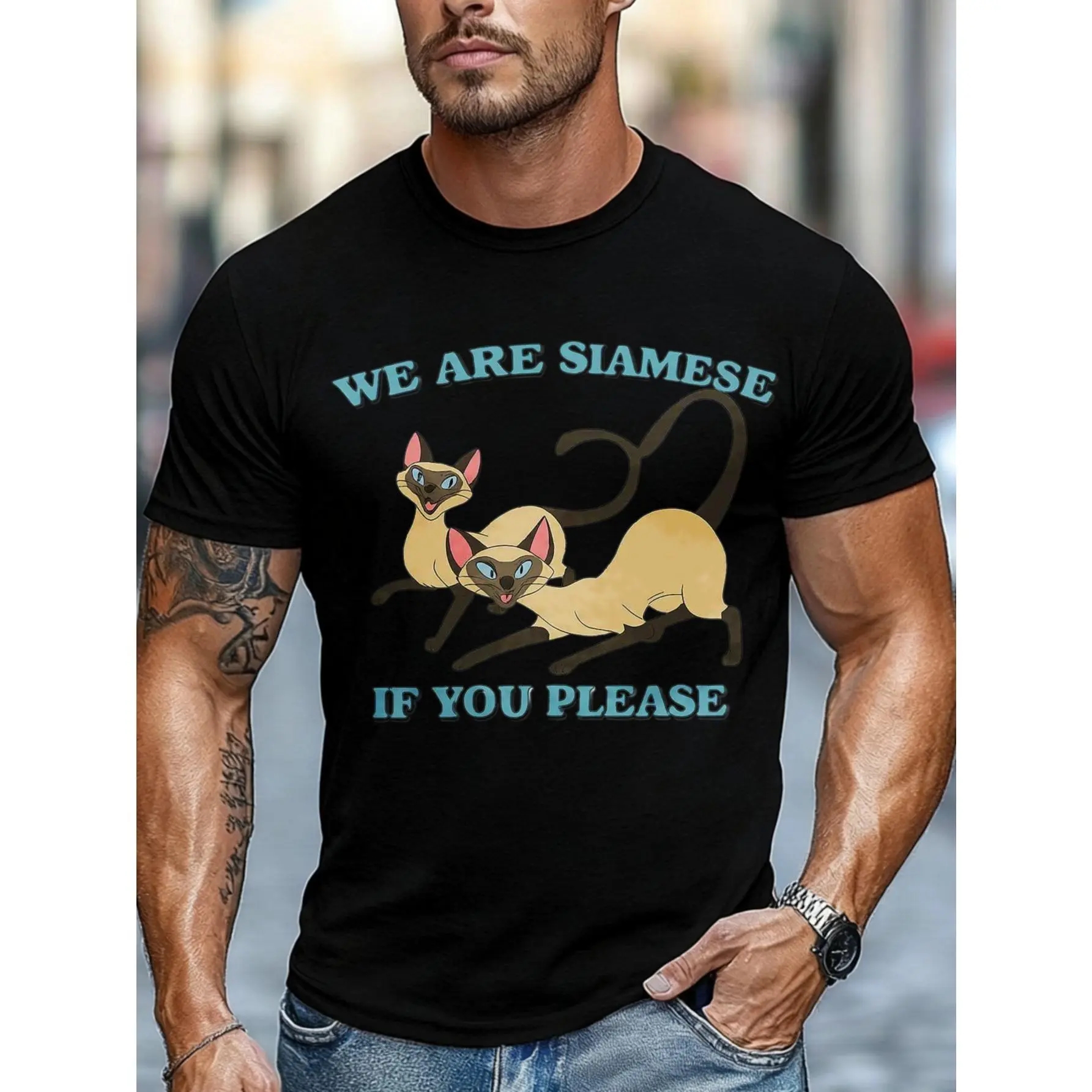 Men's Casual Short-Sleeve Round Neck T-Shirt - Breathable, Simple, Stylish "We Are Siamese If You Please" Cat Design Streetwear Fashion Menswear Summer Daily Wear - Party Gift For Cat Lovers