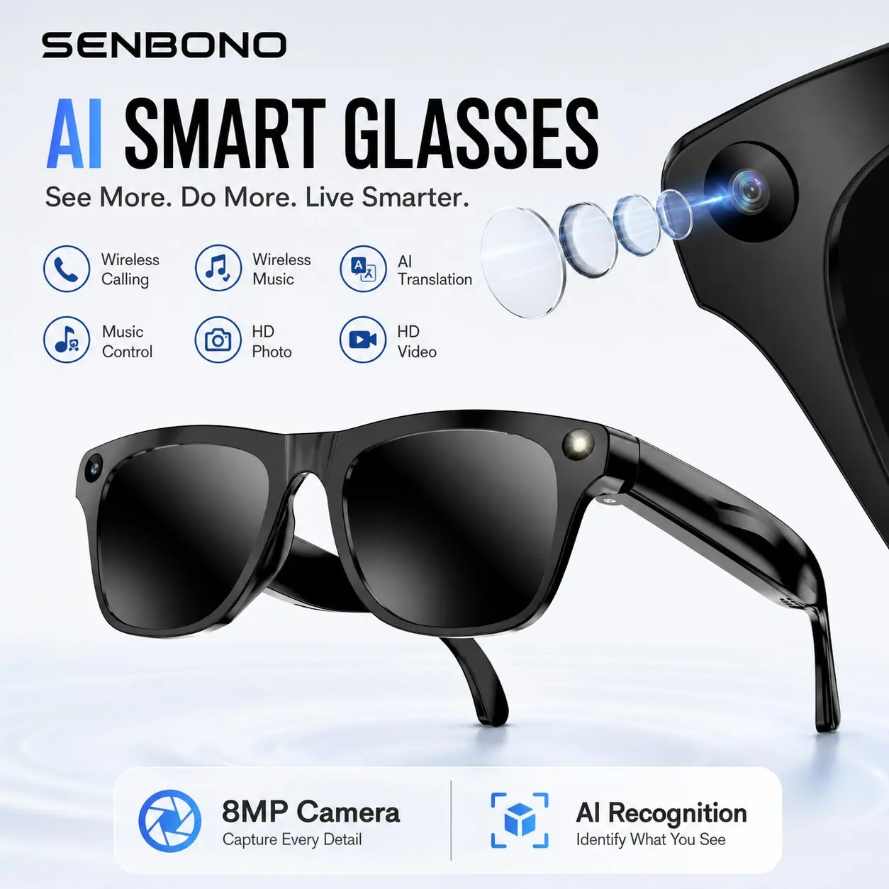 SENBONO Ai Smart Voice Translation Glasses, 8mp HD Camera, 290mah Battery, Lightweight, Offline Voice Commands, Multilingual, Business Travel Essential