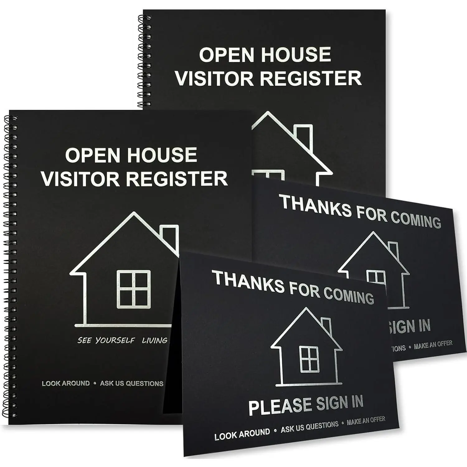2 Pack Open House Sign-In Book for Visitors & Guest Registry with 2 Realtor Tent Cards – Essential Real Estate Agent Supplies for Property Showing and Home Sale Events (Black)