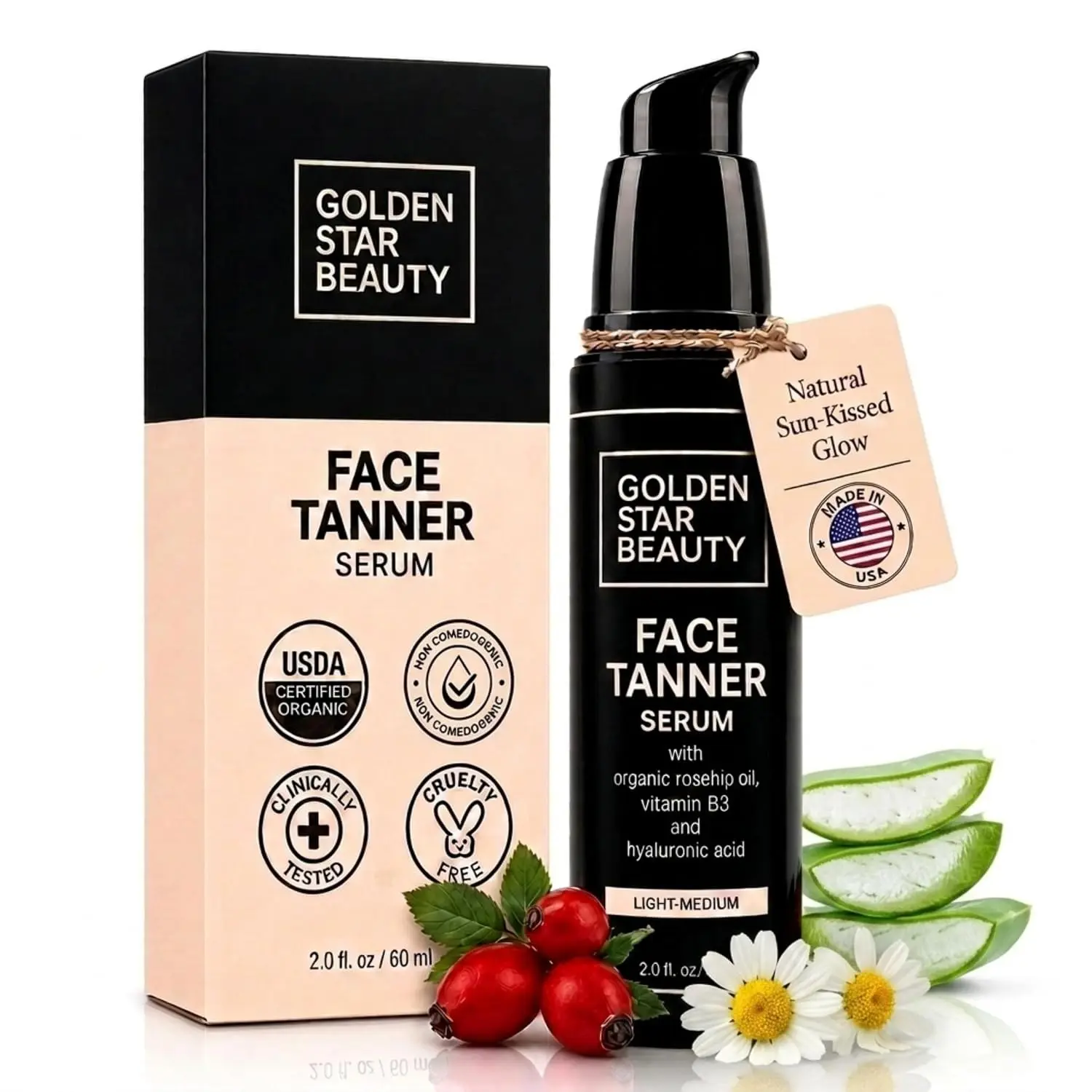 Face Tanner – Self Tan Serum w/Hyaluronic Acid and Organic Oils, Self Tanners Best Sellers, Facial Sunless Tanner for Natural Sunkissed Glow, Fake Tan Moisturizer, 2.0 fl (Light to Medium)