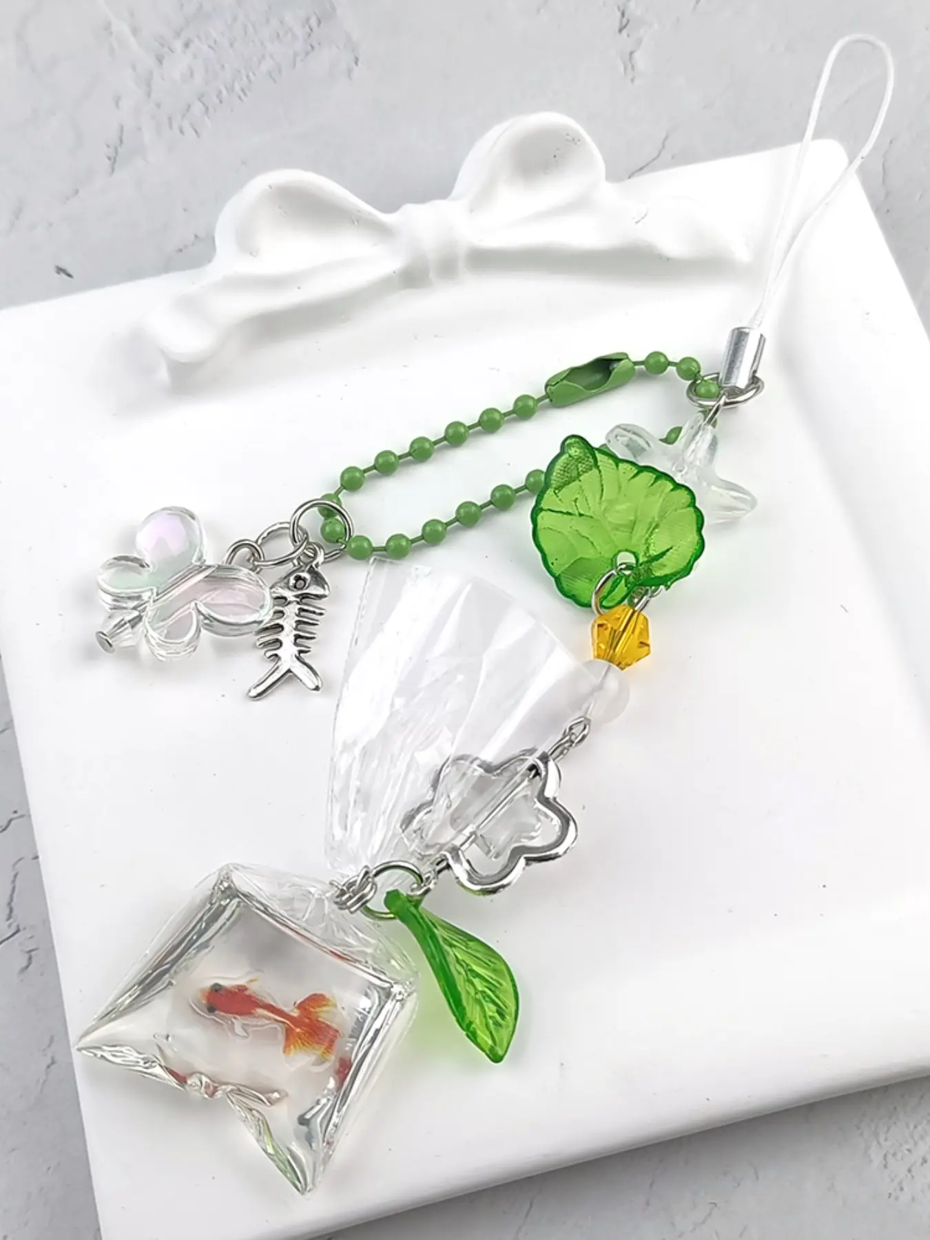 Forest Style Beaded Pendant, Goldfish Bag Design with Rainbow Butterfly and Transparent Starfish, Elegant Phone or Bag Charm, Trendy Bag Charms, Charms for Bags