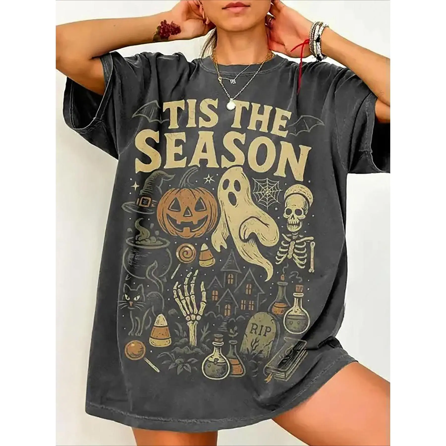 T-Shirt, 230G, Washed, Haunted Season Print, Premium Batik Retro Style, Men'S Summer Tee, Beach Must-Have, Ideal Holiday Gift, Great Present