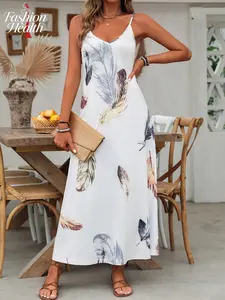 2026 Spring Summer European Style 3D Digital Print Spaghetti Strap Vintage Fashion Dress, Casual Wear Loose-Fit Solid Color Women's Vacation Dress