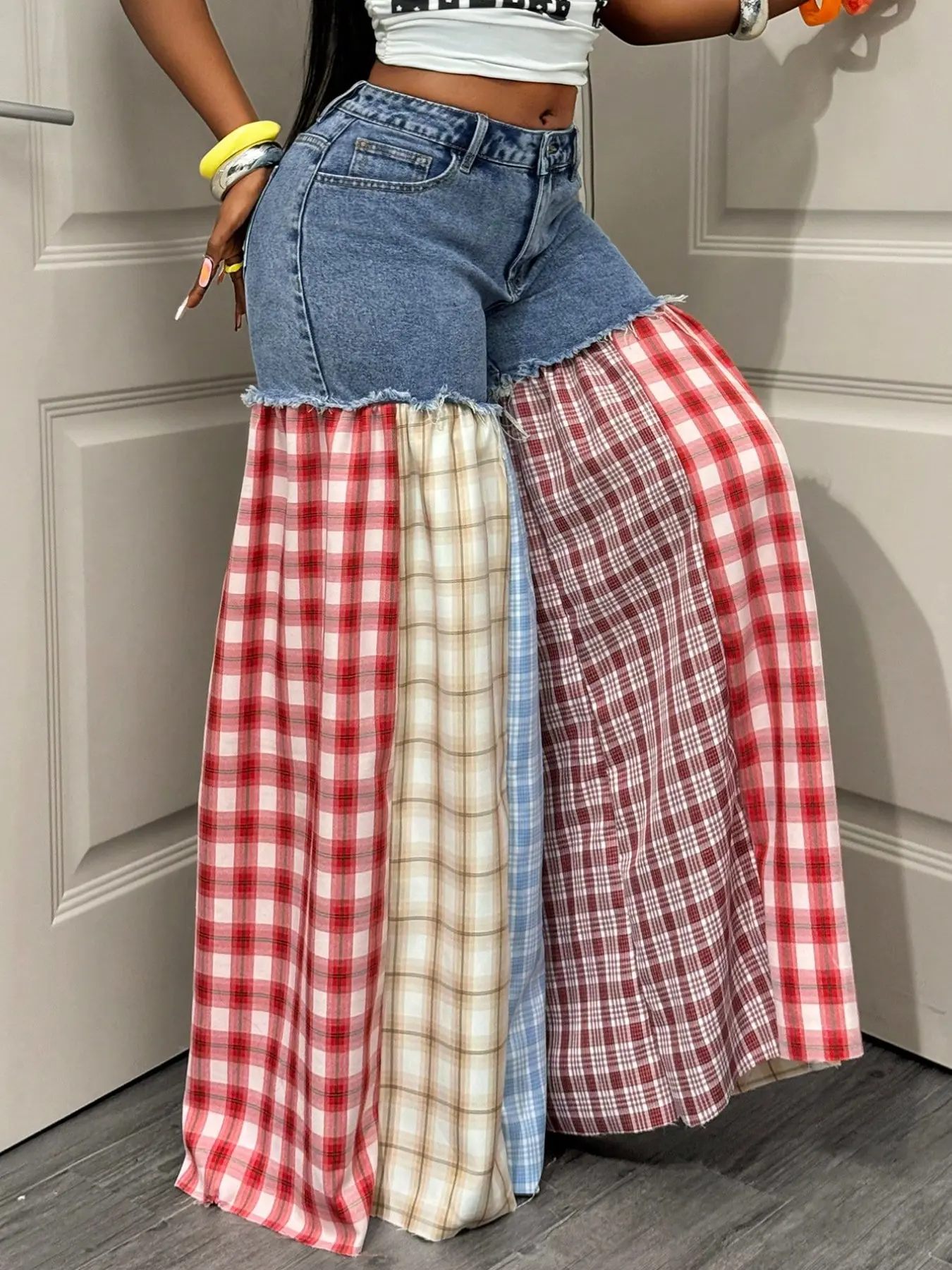 Women's Elastic Denim Patchwork Loose Long Pants, Comfortable and Stylish Design, Perfect for Casual Wear, Ideal for Daily Use