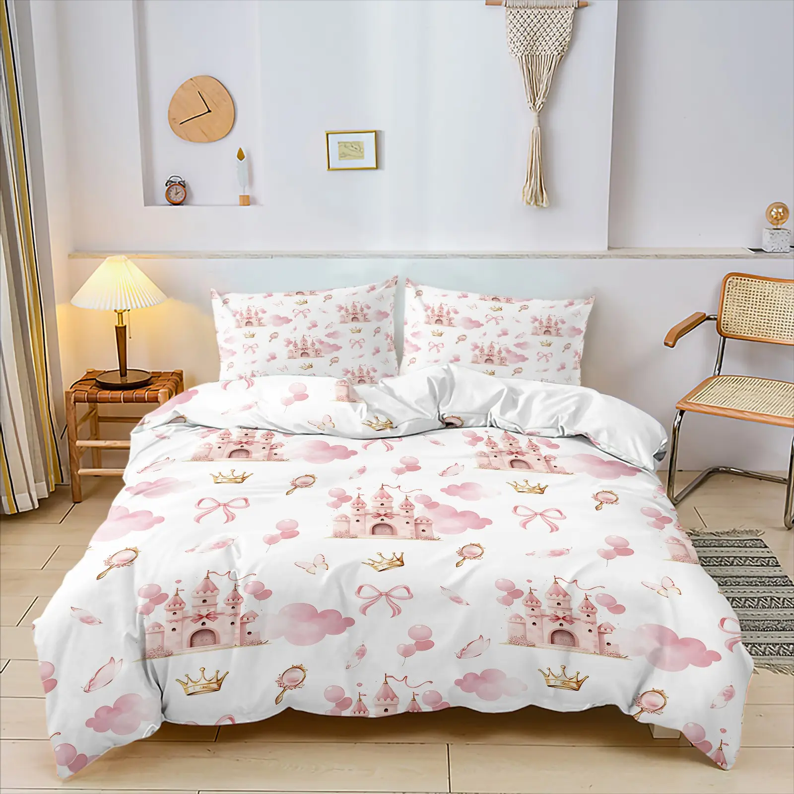 Princess Macaron Style Duvet Cover Set, Print Bedding Set, & 1-2 Coreless Pillowcases, Adorned With Watercolor Pink Princess Castle, Clouds, Bows, Crowns, Balloon Patterns, Skin-Friendly Breathable Polyester Fabric, Girls Bedroom Decor