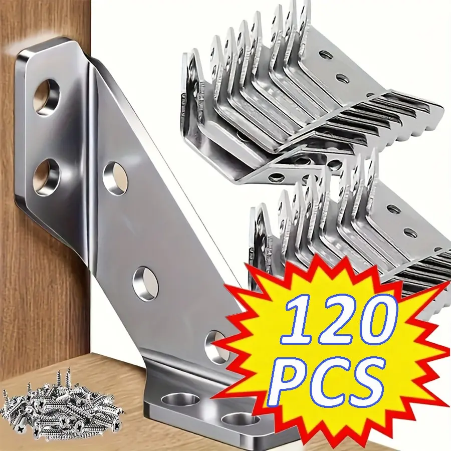 120pcs Stainless Steel Corner Brackets with Screws, Universal L-Type Support for Furniture, Tables, Chairs, Bookshelves, Drawers, Cabinets