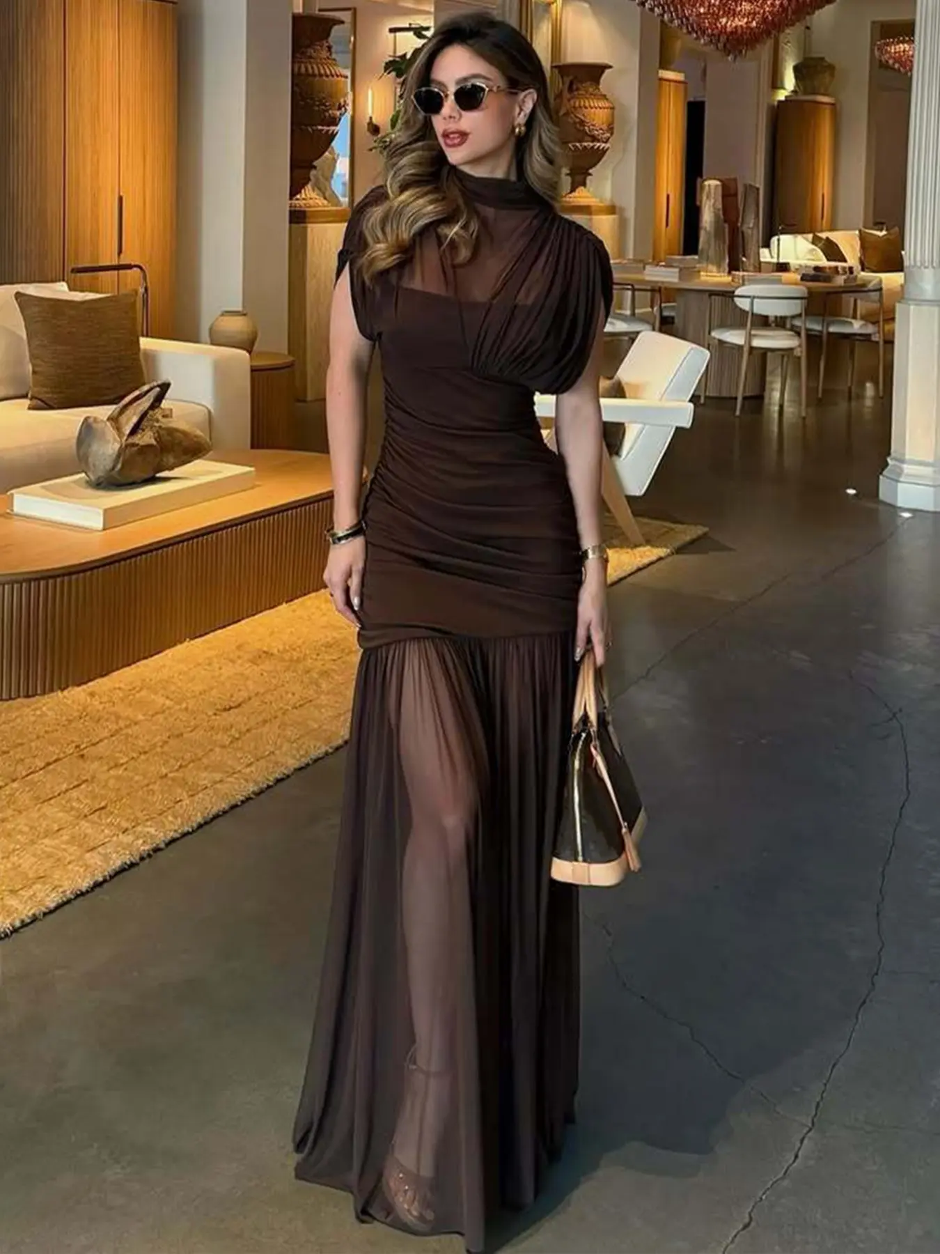 Women's Solid Mesh Sheer Ruched Drop Shoulder Cap Short Sleeves Bodycon Dress, Sexy Mock Neck See Through Plain Slim Fit Maxi Dress, Formal Wear, Party Club Date Evening Gown, Holiday Daily Casual Slip Long Dresses For Ladies Clothes