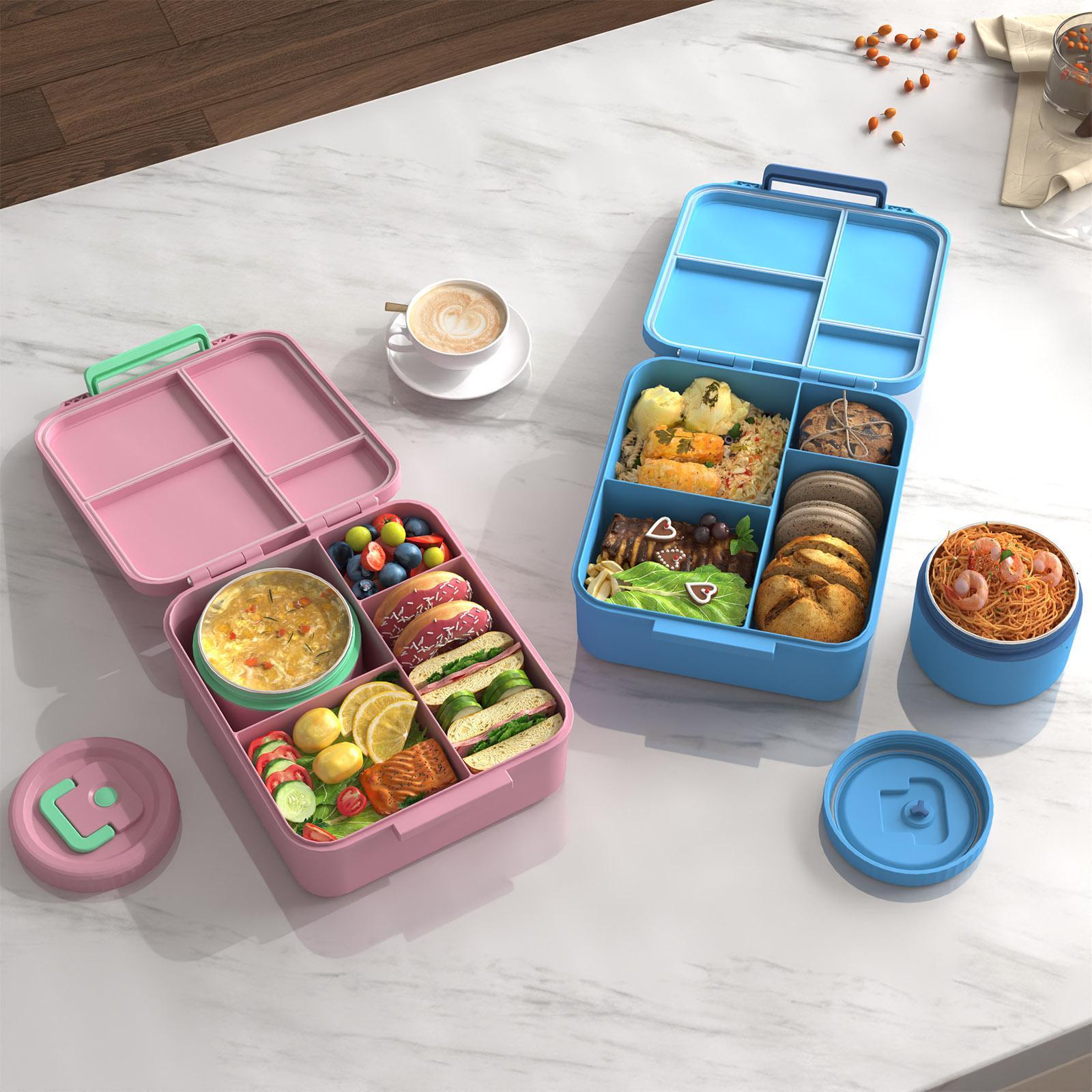 Leak-Proof 4-Compartment Bento Box with Insulated 8 oz Soup Jar | Portable Hot Food Lunch Container with Utensils for School & Travel