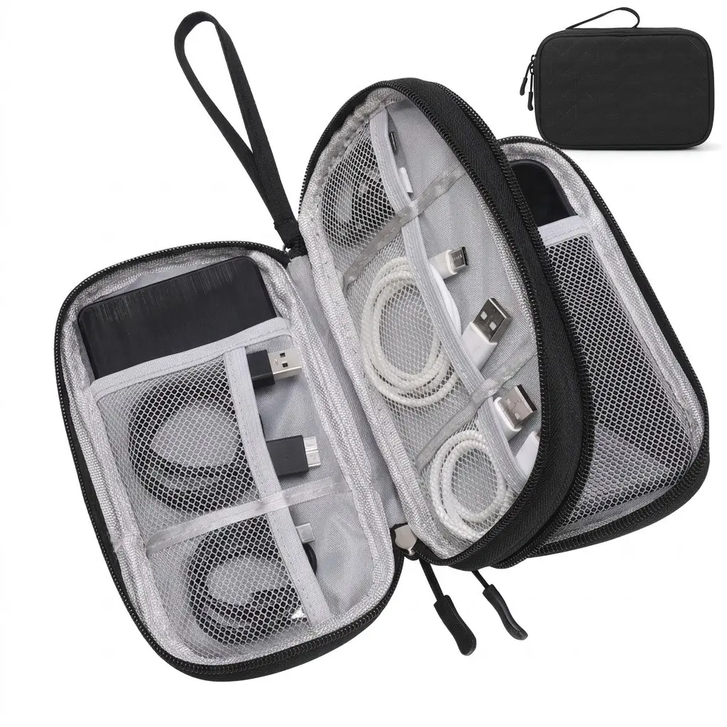 Double Layer Tech Organizer Pouch Storage Bag, Portable Cable Pockets Storage Bag with Anti-Tangle Design for Charger, Earphone, USB & Phone Accessories, Travel & Desk Use, Organizer Pouch Storage Bags, Pockets Storage Bags