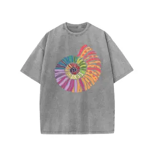 Acid Washed Short-Sleeve Graphic T-Shirt - Spiral Shell Print, Drop Shoulder, Baggy Fit, Comfortable Casual Streetwear wear Top