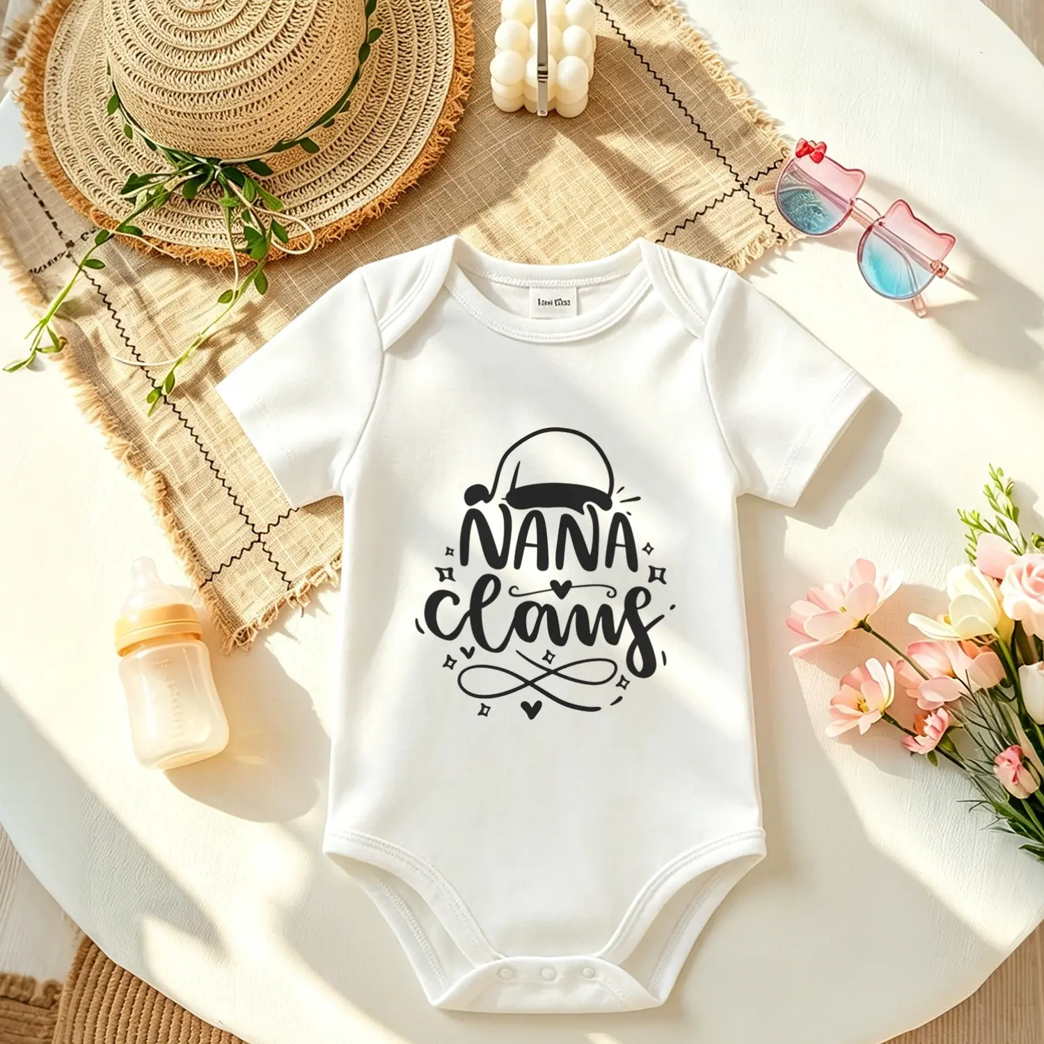 Nana Claus Print Baby Bodysuit, Minimalist Unisex Stretchy Cotton Romper for Newborns, Safe Christmas Gift with Snap Buttons, 0-3M, Basic, Birthday, Breathable, Holiday, Clothes, Moisture-Wick, Printed, Holiday Gift, Safe Materials, Stretchy Fit, Unisex W