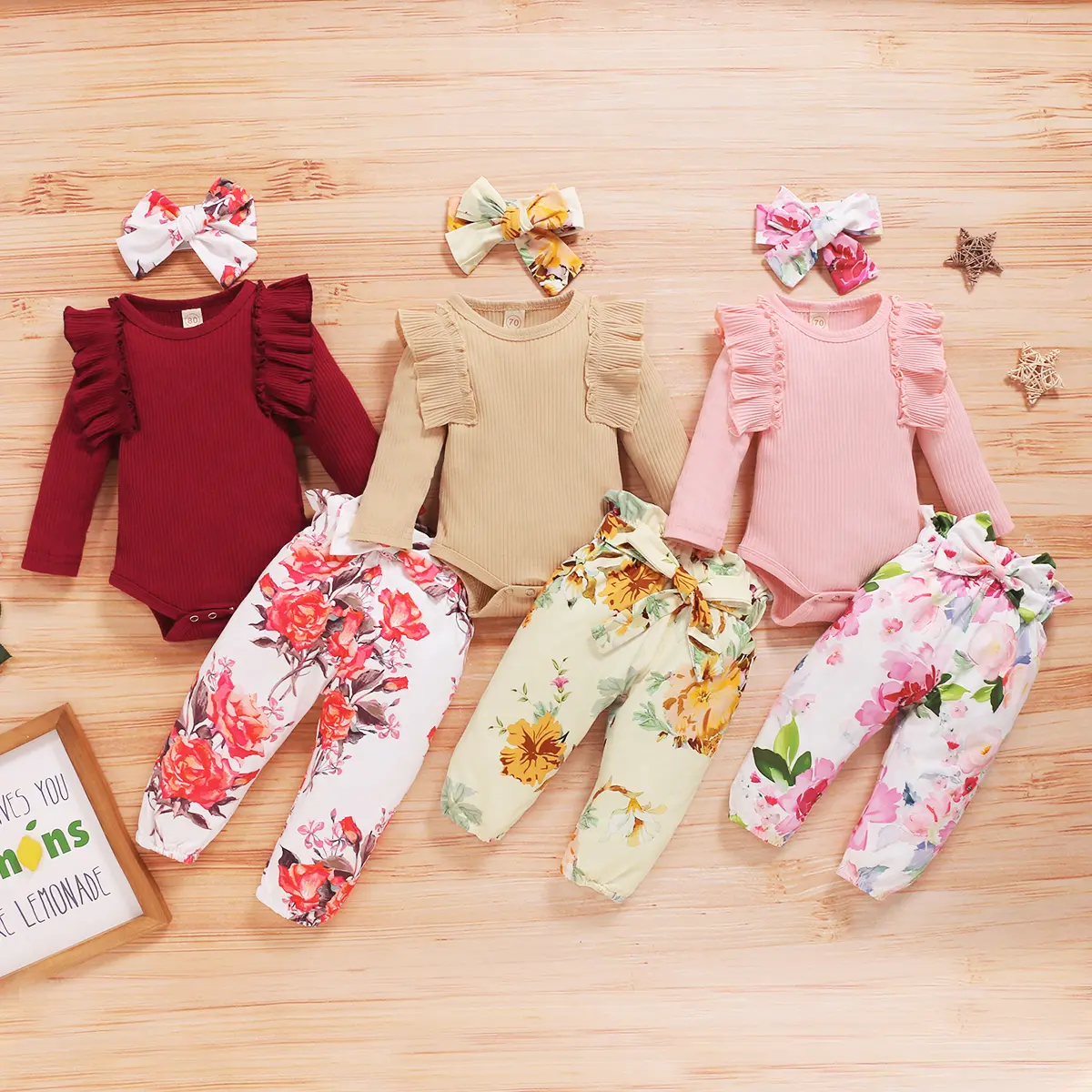 Baby Girl Clothes Newborn Infant Outfits Cute Autumn Clothes Romper Set+Hat+Headband