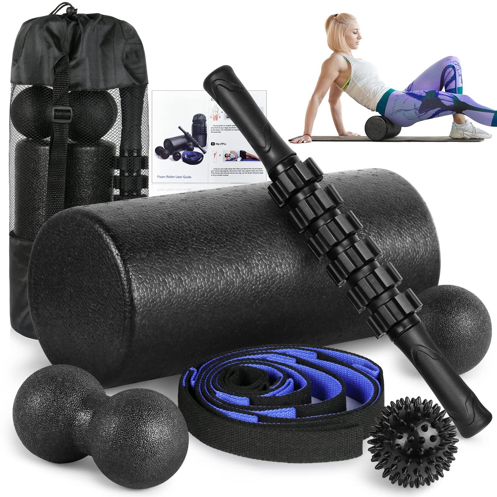 Foam Roller Set - High Density Back Roller, Muscle Roller Stick,2 Foot Fasciitis Ball, Stretching Strap, Massager Ball for Whole Body Physical Therapy & Exercise, Yoga, Back Pain, Leg, Deep Tissue