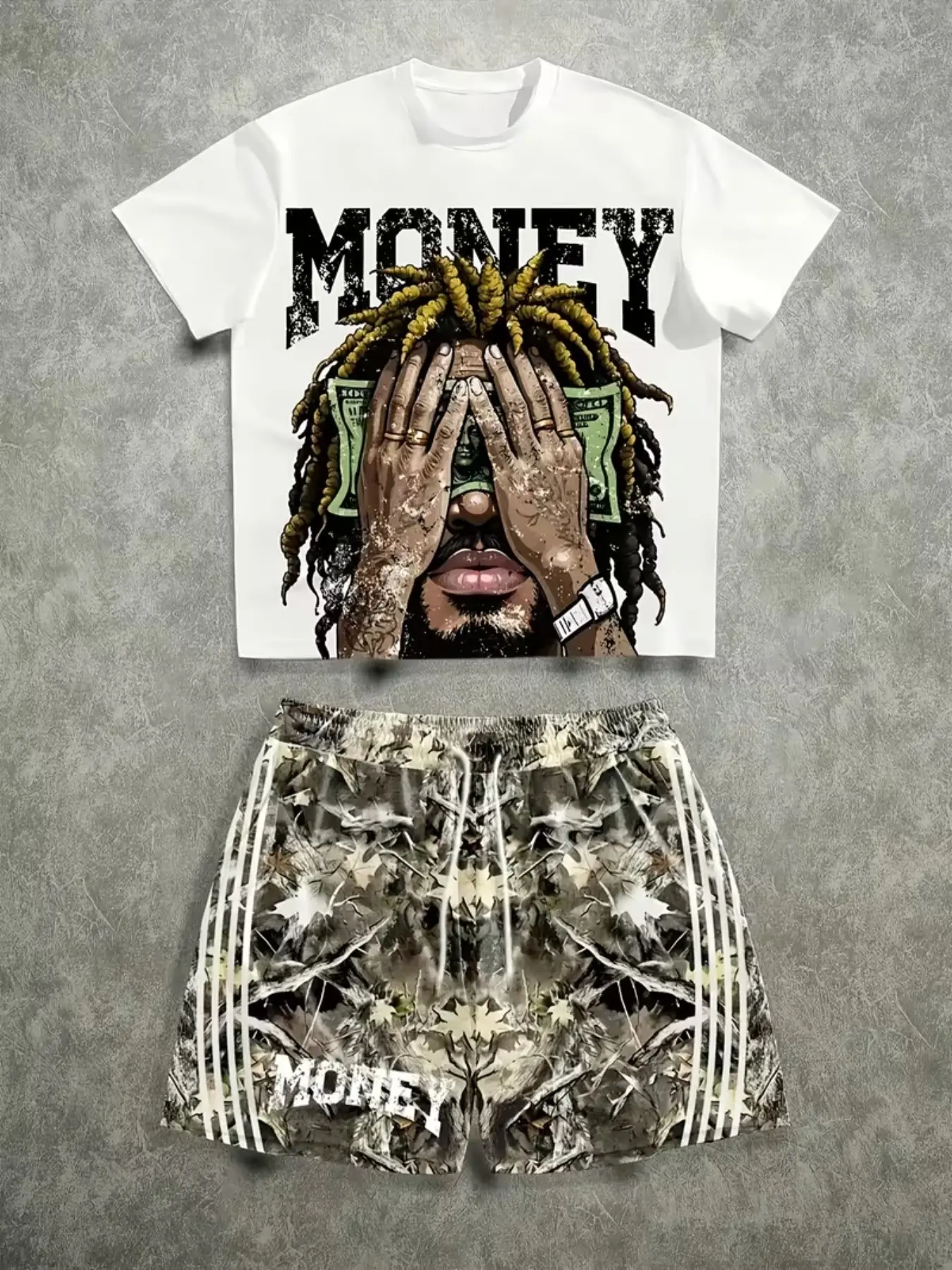 Men's Two-Piece Set: Coin Braided Print T-Shirt + Tie-Dye Shorts, Breathable Elastic Knit, Round Neck, Party Wear