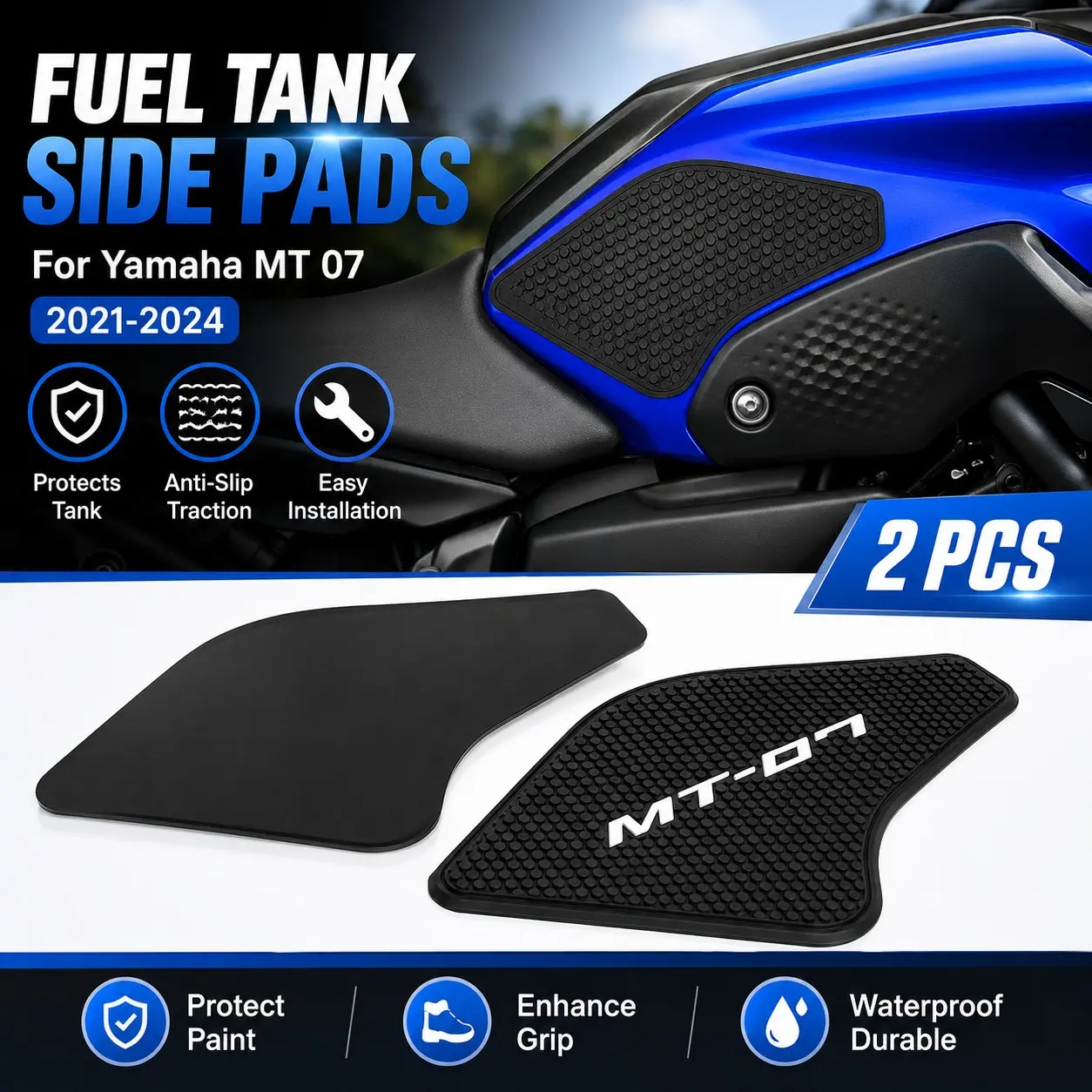 2 Pcs Yamaha Mt 07 Mt07 Mt-07 2021 2022 Fuel Tank Side Pad, Tank Pads Protector, Gas Stickers, Knee Grip, Traction Pad, Tankpad