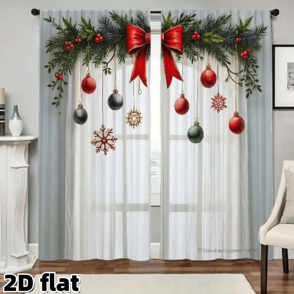 2D Flat 2Pcs Christmas Holiday Theme Curtains Red Bow Pine Branch Ornaments Pattern Semi Sheer Polyester Panel Rod Pocket Design Living Room Bedroom Kitchen Window Treatment Festive Home Decor Privacy Protection