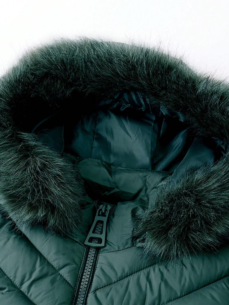 Women's Winter Elegant Simple Hooded Cotton Jacket, Mid-Length Fur Collar Zipper Pocket Coat, Commuter Casual Long Sleeve Outerwear