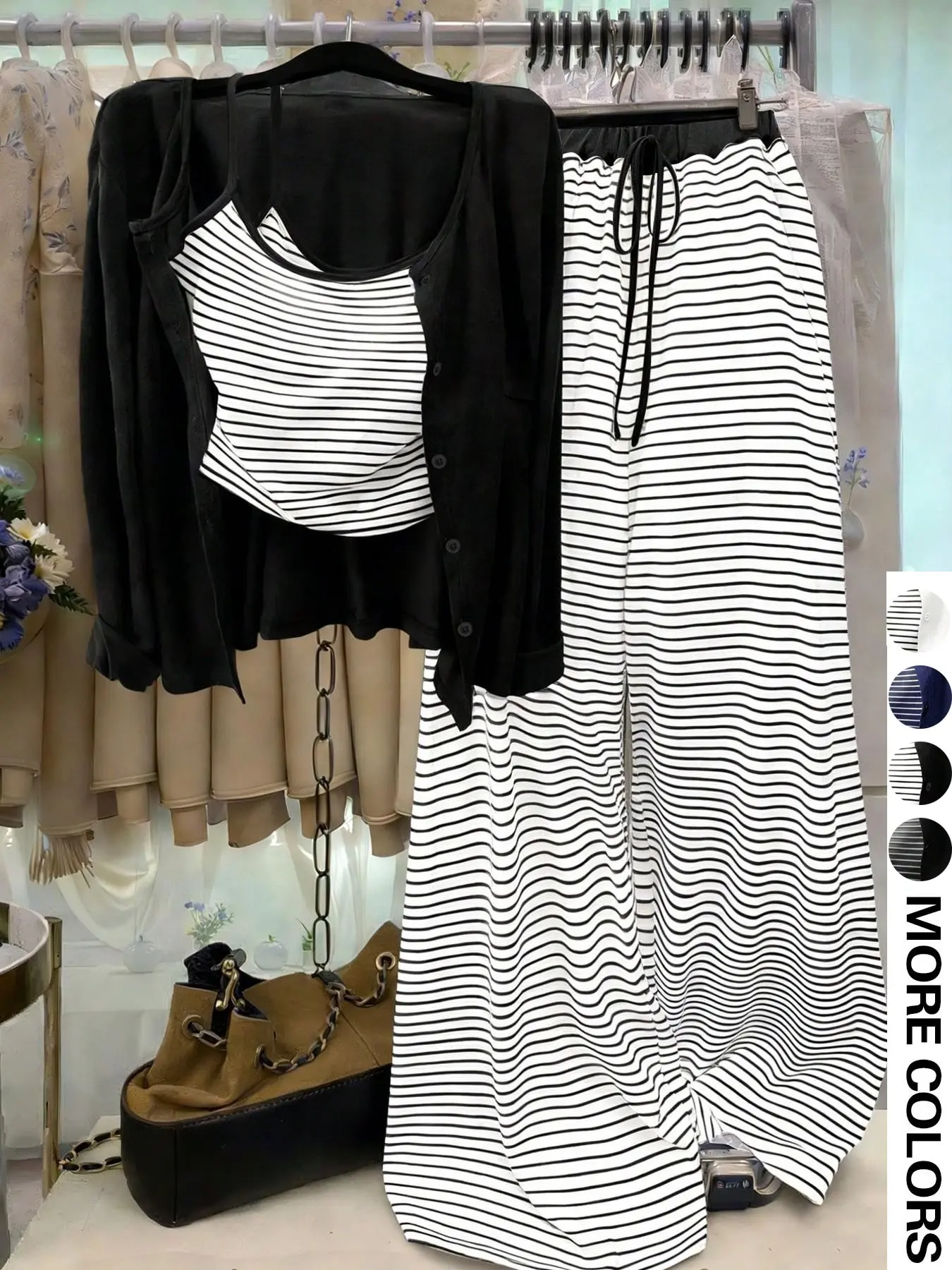 Plus Size Women's Early Fall Striped Layered Three-Piece Set, Long Sleeve Open Front Blouse + Tank Top + High Waist Pants, Casual Home Wear Clothes