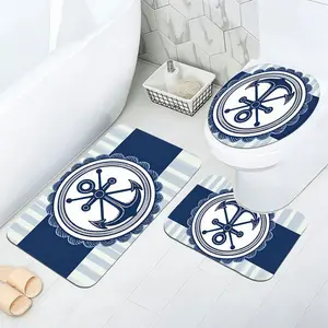 3pc Minimalist Light Blue Sailor Wheel Bathroom Mat Set, 100% Polyester Absorbent Non-Slip Rugs for Washroom Toilet Entryway, Soft Skin-Friendly & Easy Clean, Mediterranean Nautical Decor Gift