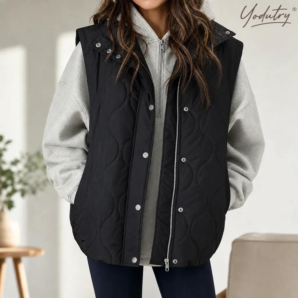 Yodutry Women's Loose Fit Lightweight Puffer Vest, Quilted Sleeveless Jacket with Zip & Button Closure, Stand Collar Winter Outerwear Coat